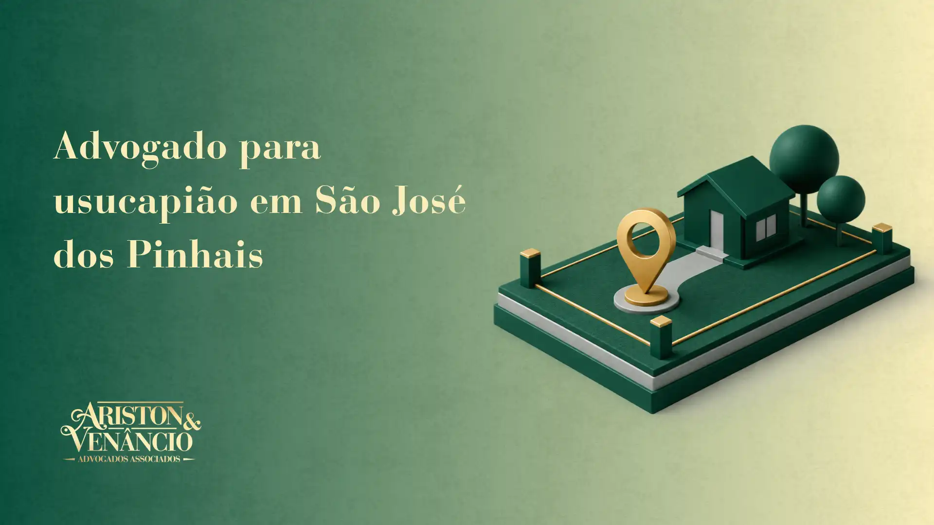 Advogado para usucapião em São José dos Pinhais com ilustração de um consultório em forma de casa e marcador de localização no mapa, fundo verde.