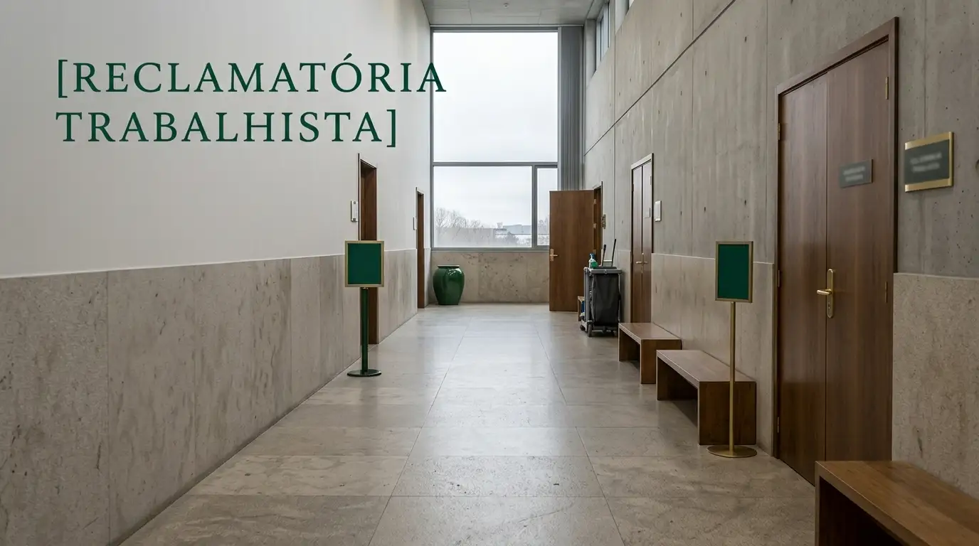 Corredor de um prédio com paredes de concreto, portas de madeira e bancos individuais, com placas verdes e a inscrição “[RECLAMATÓRIA TRABALHISTA]” na parede ao fundo.