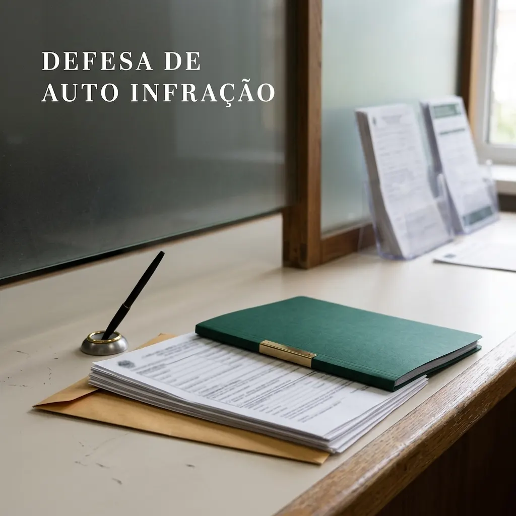 Defesa de Auto Infracao em ambiente de escritório, com folhas processuais, caderno verde e caneta sobre a mesa, ao lado de documentos impressos.