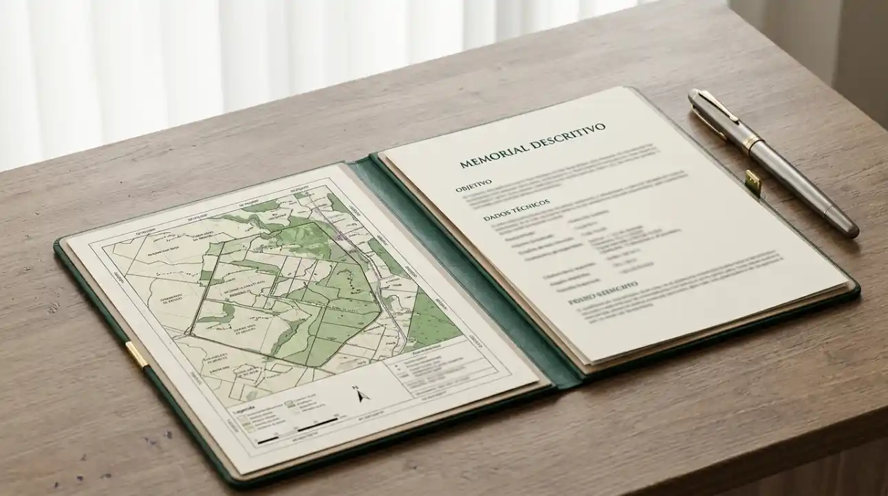 Mesa de madeira com um documento em pasta aberta ao lado de caneta, exibindo mapa detalhado e formulário de memorando com campos e tabelas para dados técnicos.