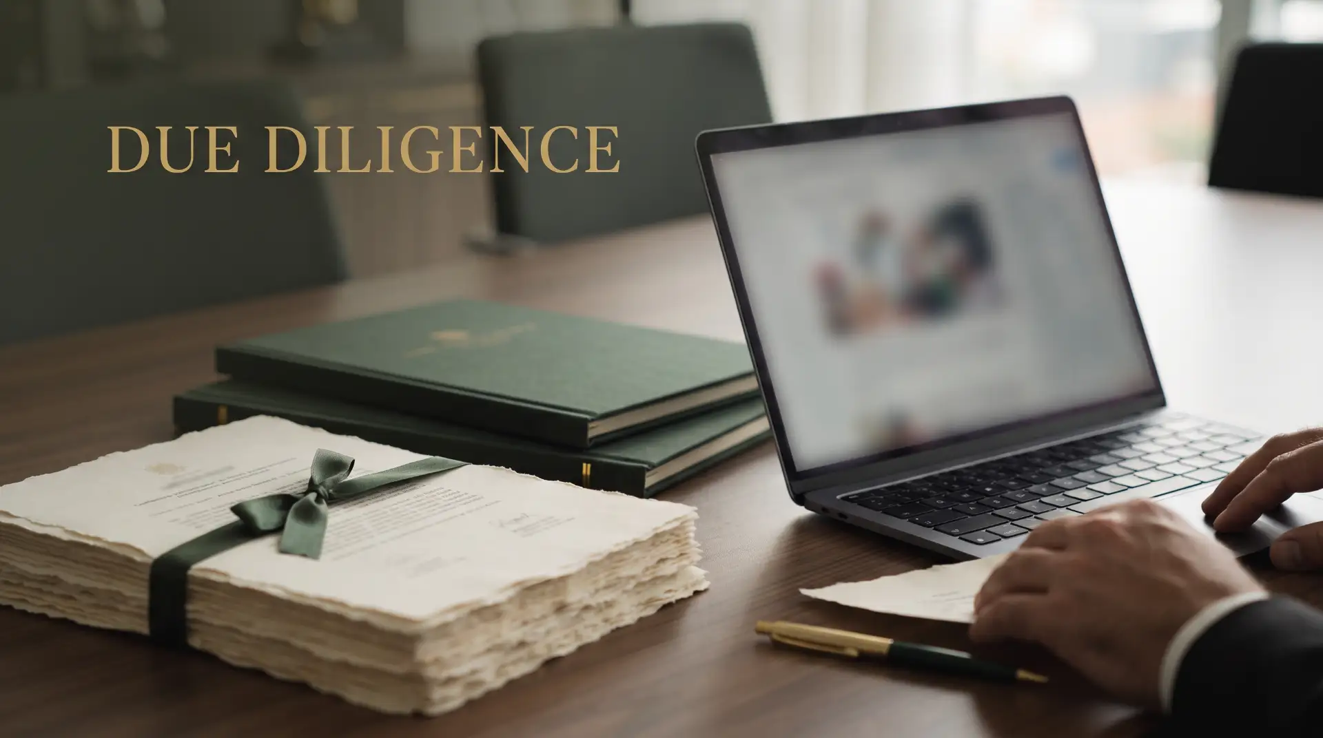 Profissional em escritório com laptop aberto, pilha de documentos e livros; ao fundo, texto “DUE DILIGENCE” sobre o trabalho de análise e verificação de informações.
