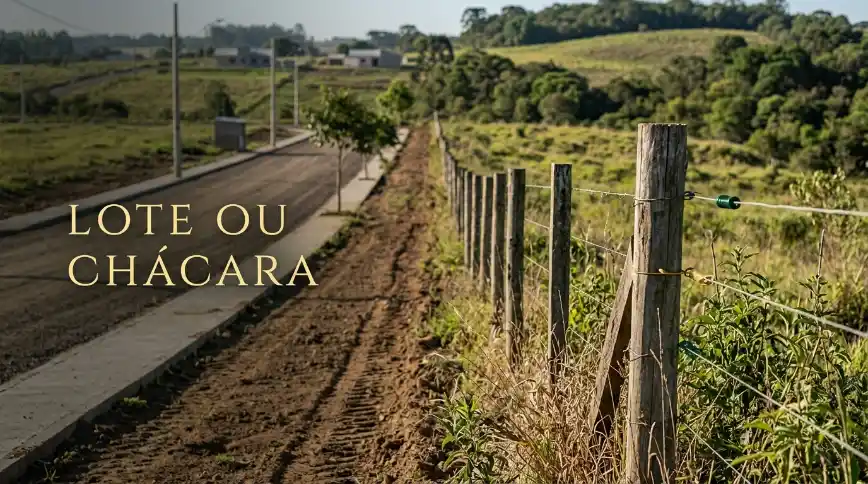 Estrada rural com cerca de madeira e vegetação ao lado de um lote em área verde, com o texto “LOTE OU CHÁCARA” sobreposto na imagem.