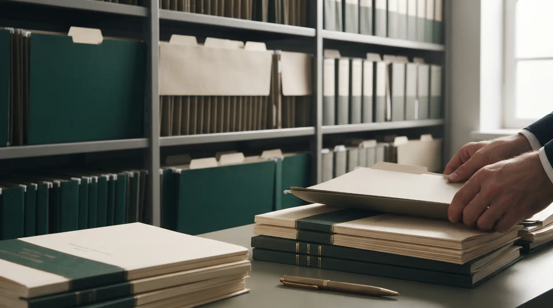 Mão ajustando papéis e documentos sobre uma pilha de livros em escritório com estantes ao fundo, luz natural e ambiente de estudo ou pesquisa