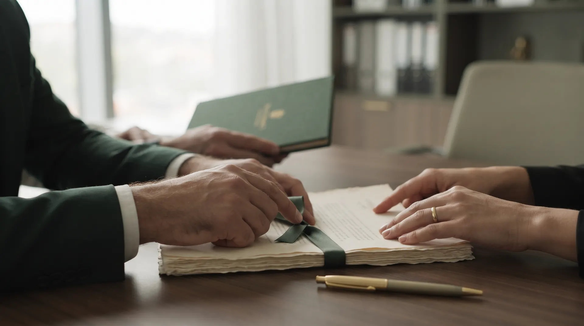 Profissionais em uma reunião assinam documentos sobre uma mesa, com mãos apertando canetas e papéis abertos, ao lado de notebook e ambiente corporativo ao fundo.