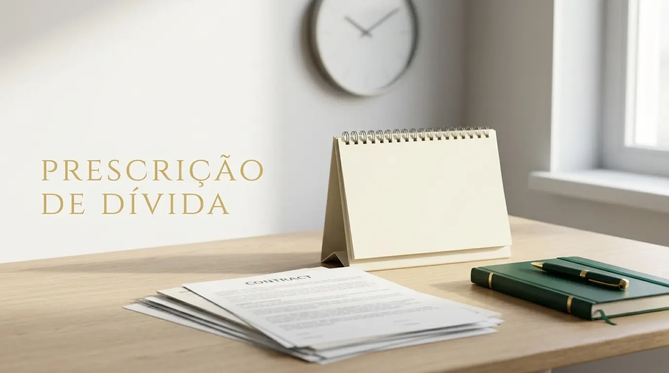 Mesa de escritório com documentos e caneta ao lado de um calendário e um relógio, com a frase “PRECRIÇÃO DE DIVIDA” em destaque, sugerindo tema de prescrição de dívida.