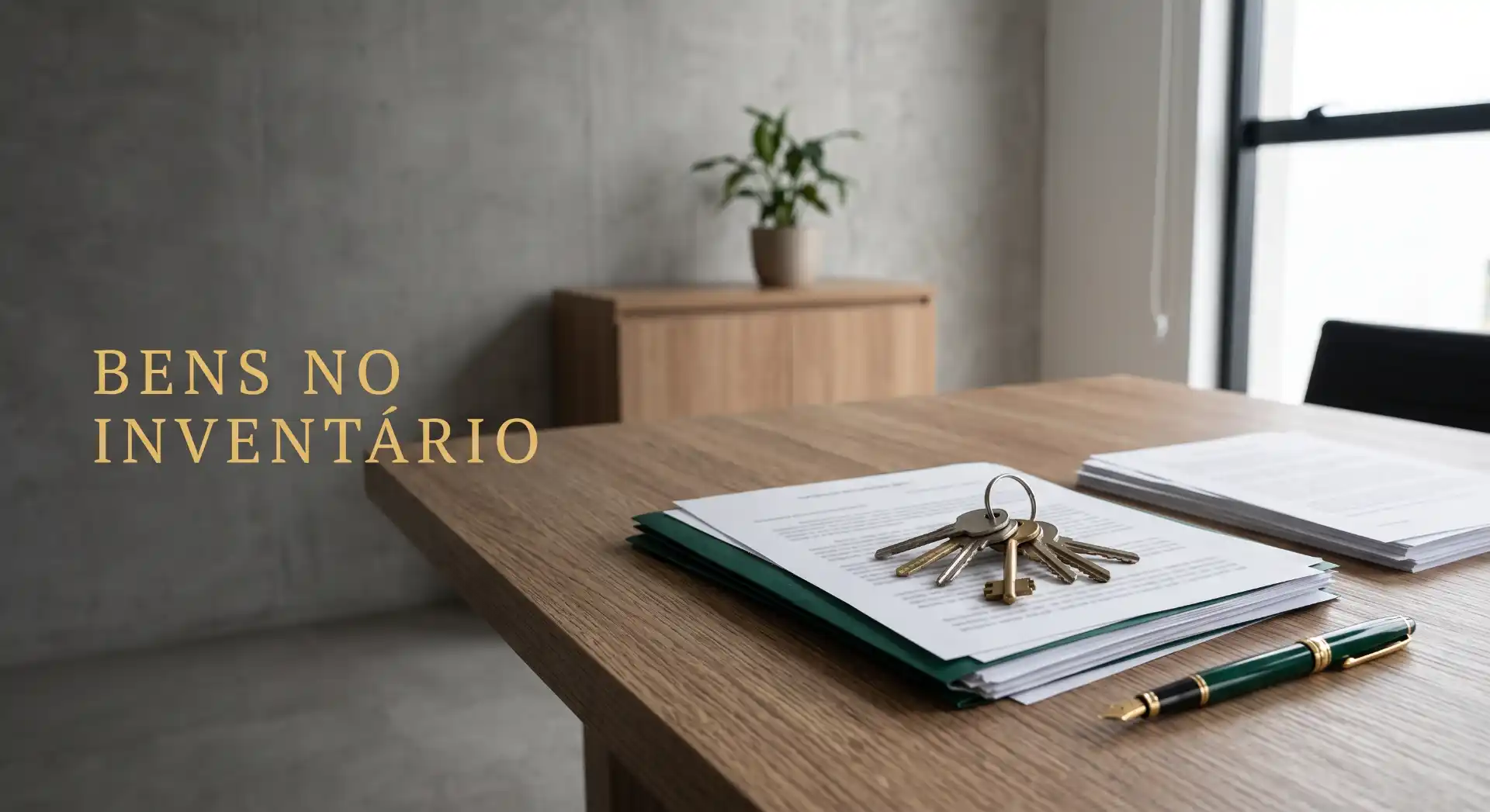 Mesa de escritório com documentos, chaveiro com chaves e caneta sobre uma mesa de madeira, ao lado de um armário e planta; texto “BENS NO INVENTÁRIO” na imagem.