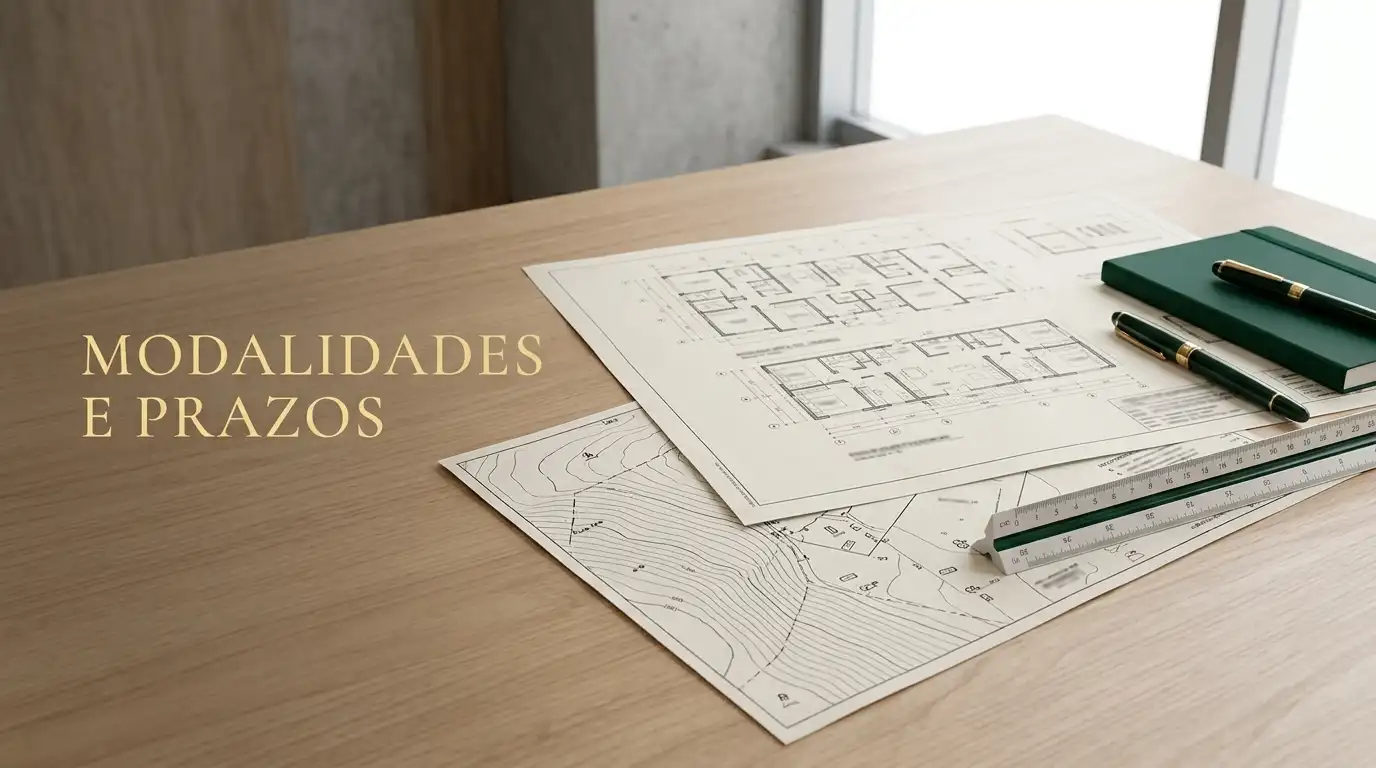 Mesa de escritório com plantas técnicas e mapa topográfico sobre o tampo de madeira, ao lado de régua e canetas, com o texto “MODALIDADES E PRAZOS” em destaque.