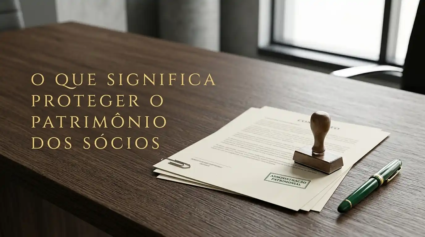 Mesa de reunião com documentos e carimbo sobre papel, caneta ao lado, e texto “O que significa proteger o patrimônio dos sócios” em destaque, sugerindo orientação jurídica e societária.