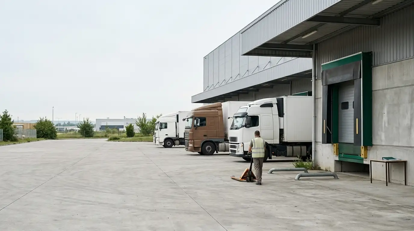 Pátio industrial com caminhões de carga estacionados ao lado de um galpão, docas de carregamento e um trabalhador em frente a uma porta aberta de acesso