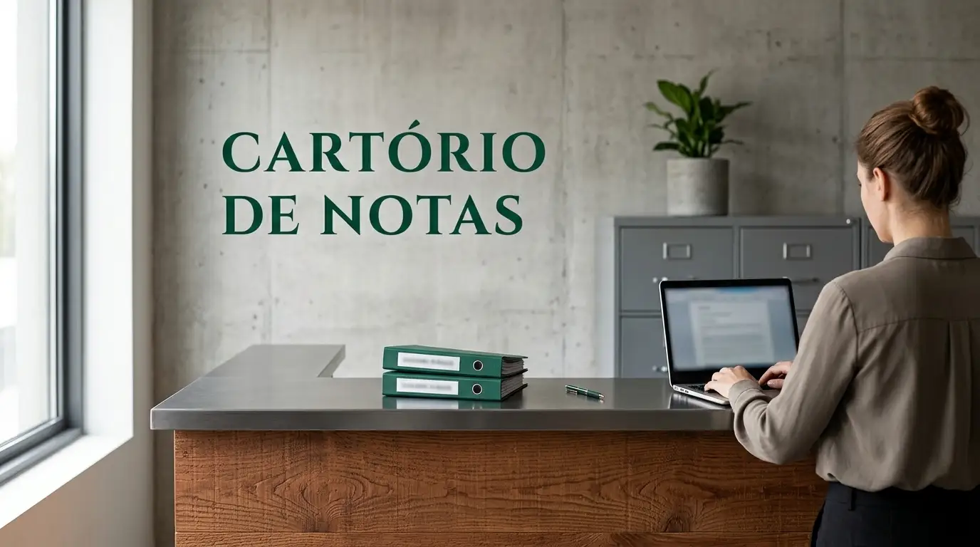 Pessoa trabalhando em um escritório moderno ao lado de fichas e pastas de arquivo sobre a mesa, com o texto “CARTÓRIO DE NOTAS” na parede ao fundo.