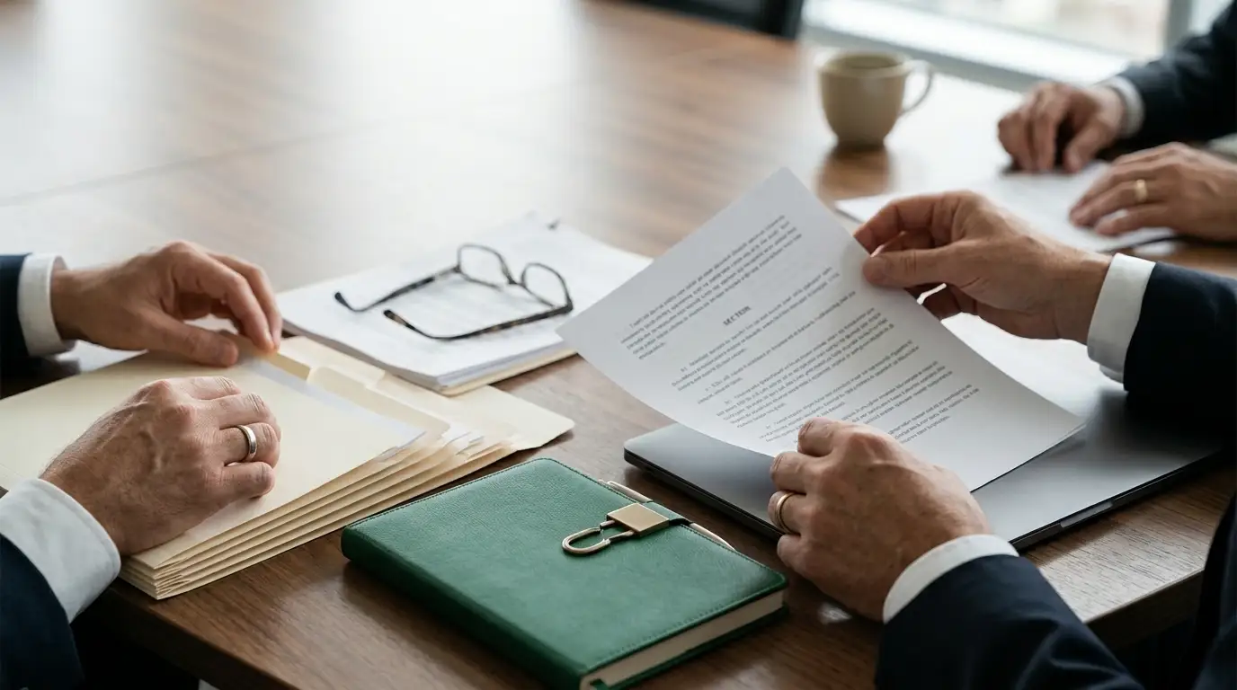 Reunião de negócios em uma mesa: pessoas analisam documentos e um contrato, com caderno, celular e pasta verde ao lado. Cenário corporativo e formal.