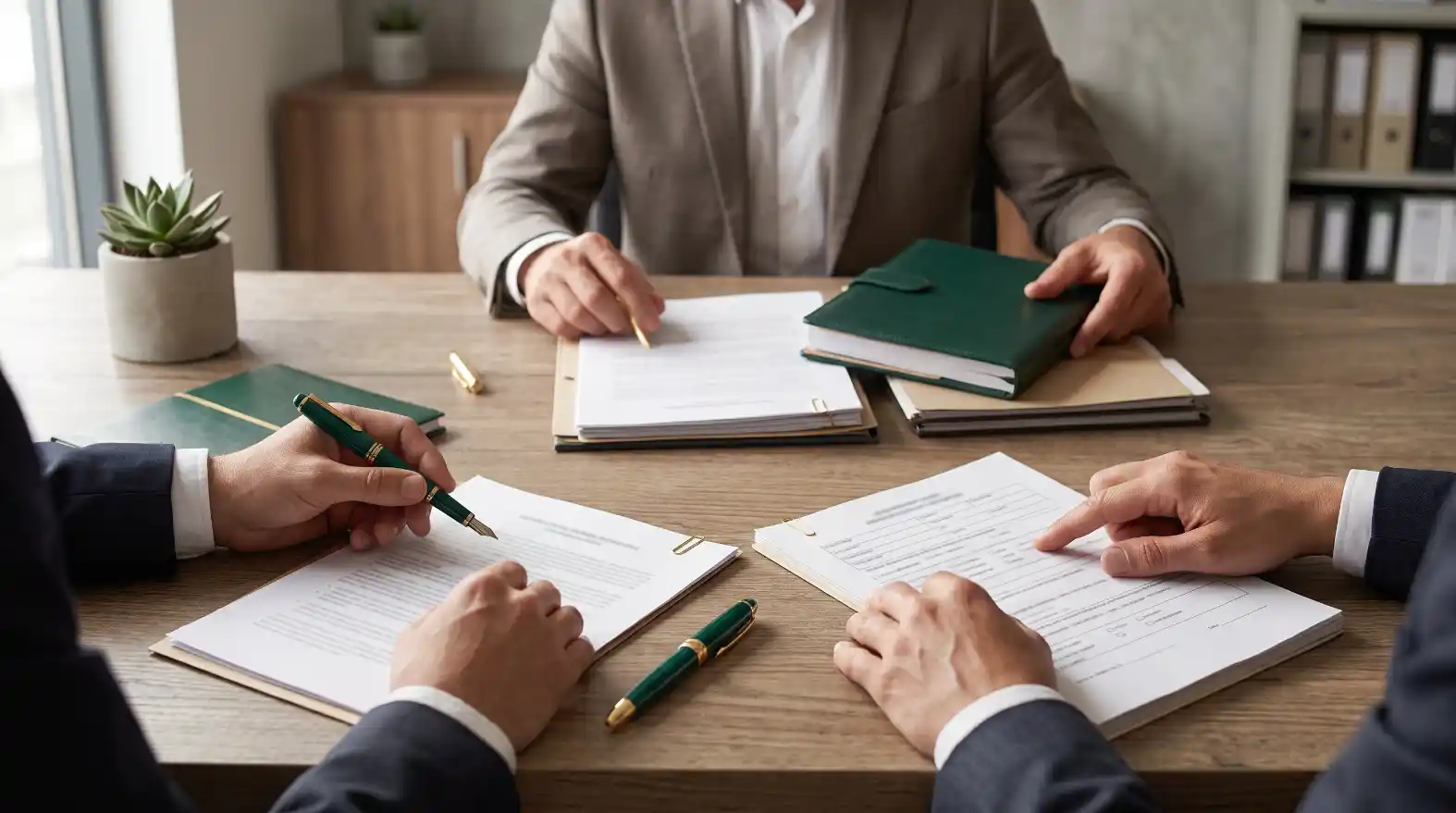 Reunião de negócios em mesa de madeira com pessoas assinando documentos e discutindo propostas, canetas e pastas, ambiente corporativo.