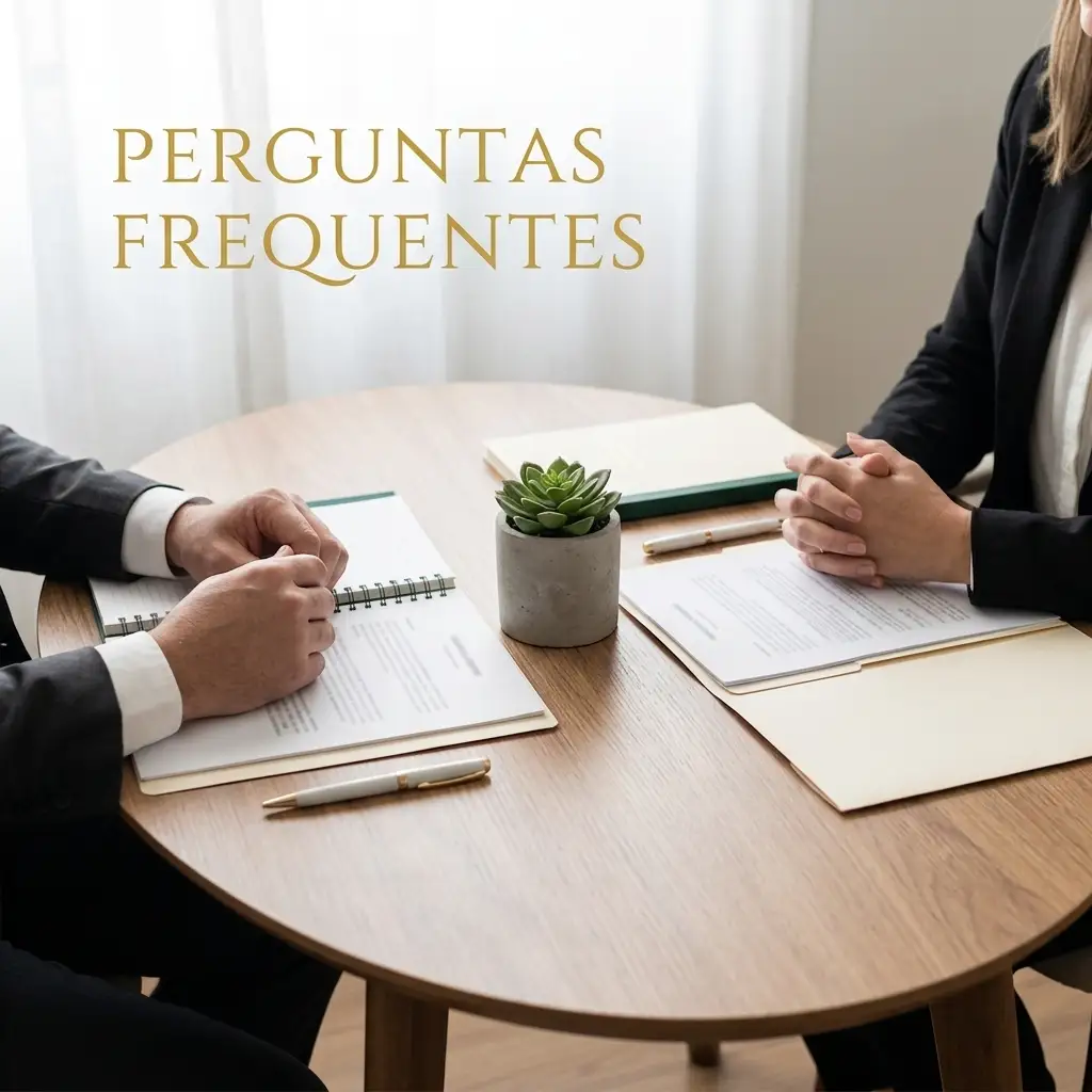 Reunião de negócios em uma sala com pessoas ao redor de uma mesa, analisando documentos e canetas, com um vaso de planta sobre a mesa. Texto “PERGUNTAS FREQUENTES”.