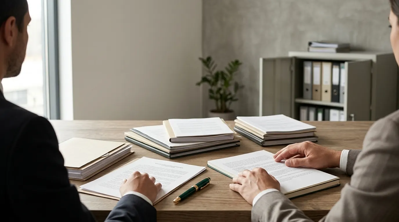 Reunião de trabalho em escritório: duas pessoas analisam documentos e fazem anotações em pastas abertas sobre uma mesa com canetas, papel e livros.