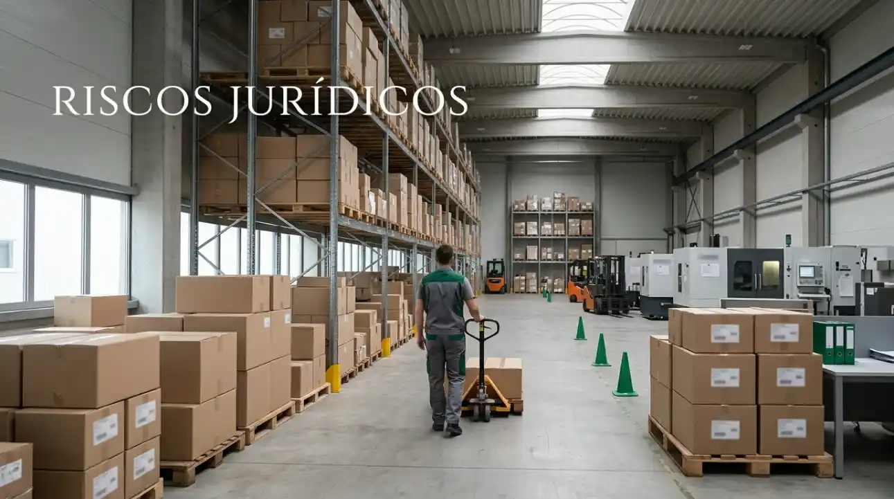 Pessoas e caixas em depósito industrial com documentos e equipamentos, com o texto “RISCOS JURÍDICOS” na imagem, sugerindo análise de riscos em processos logísticos.