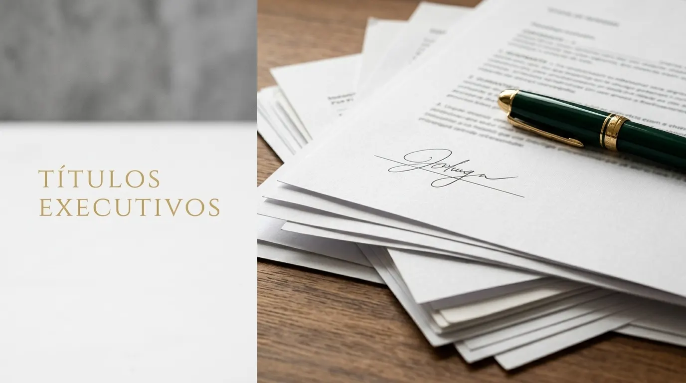 Pilha de documentos com assinatura e caneta sobre mesa de madeira, com fundo de design e texto “TÍTULOS EXECUTIVOS”, sugerindo material jurídico e executivo para contratos e processos.