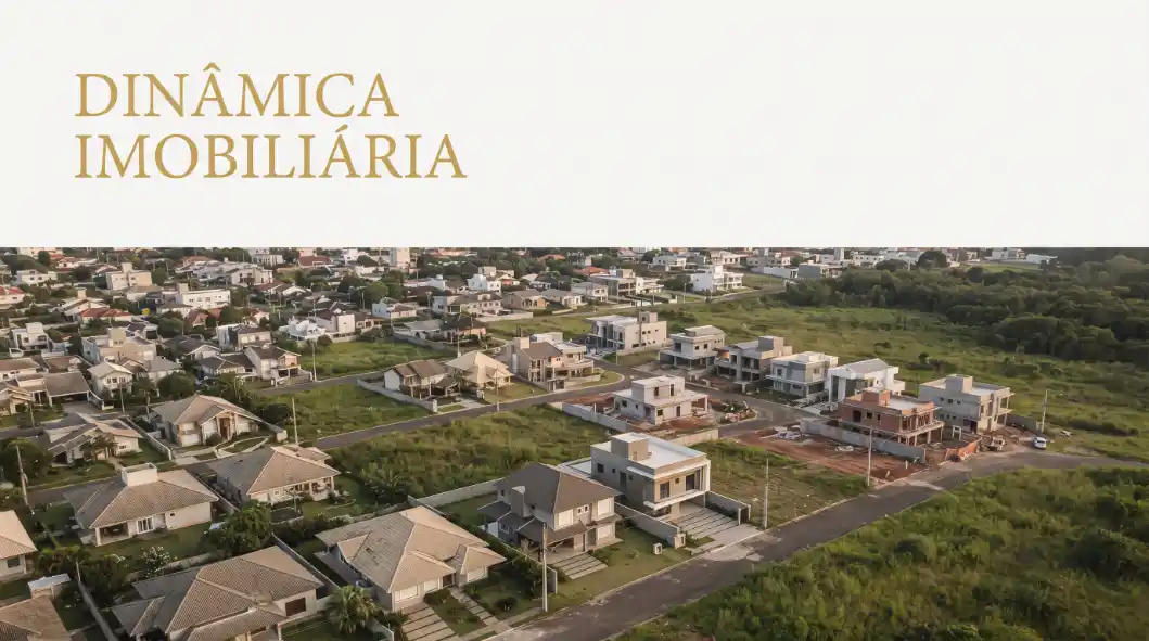 Vista aérea de um bairro residencial com casas, ruas e áreas verdes, destacando o texto “DINÂMICA IMOBILIÁRIA” na parte superior da imagem.
