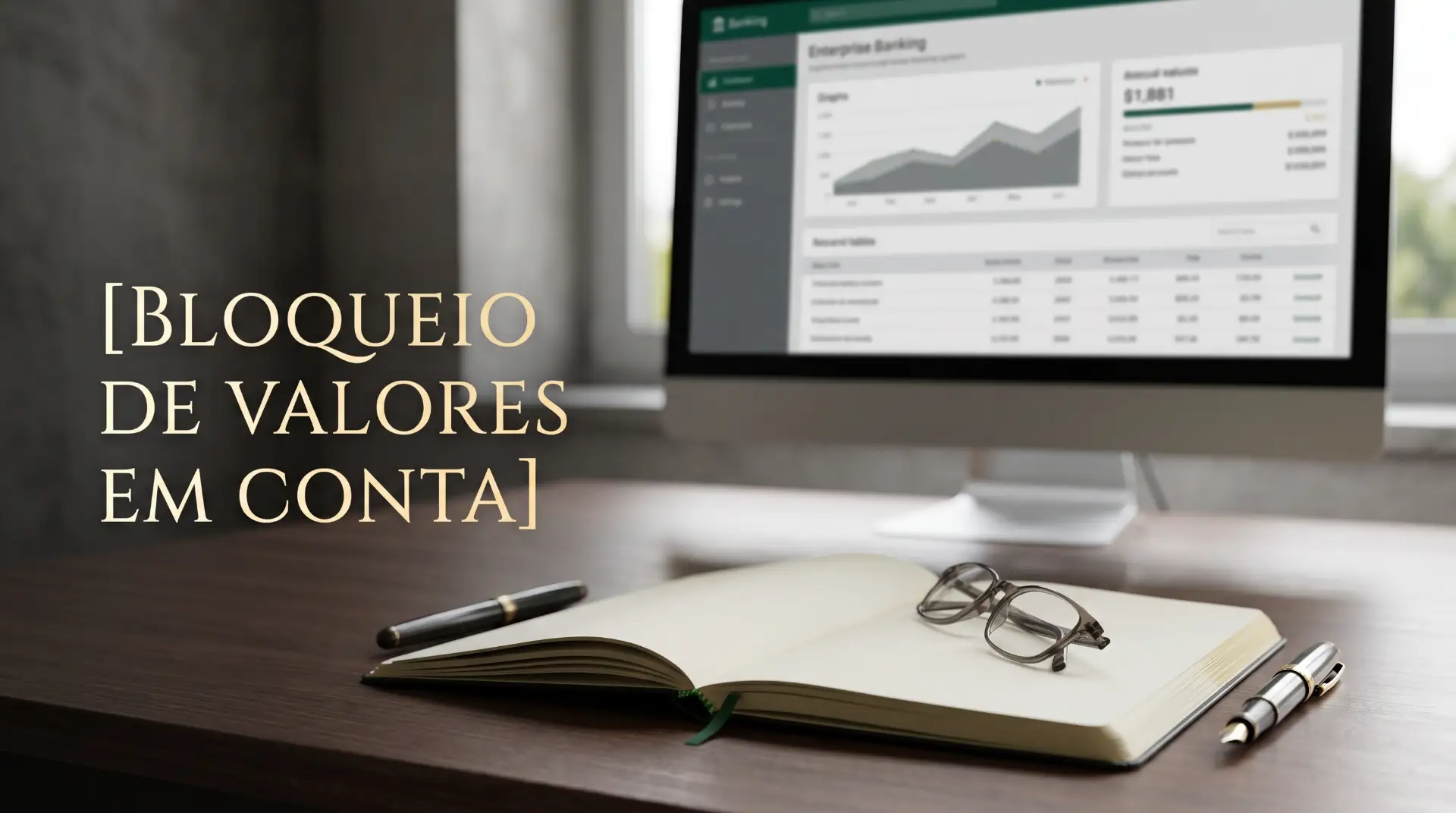 BLOQUEIO DE VALORES EM CONTA em banner sobre finanças: computador com gráfico e planilha ao fundo, e caderno aberto com caneta e óculos na mesa, ambiente corporativo.