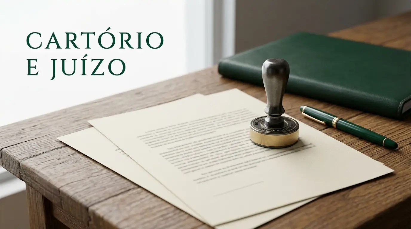 Imagem de um cartório com documento em branco sobre uma mesa de madeira, carimbo metálico e livro verde ao fundo, com a frase “CARTÓRIO E JUÍZO”.