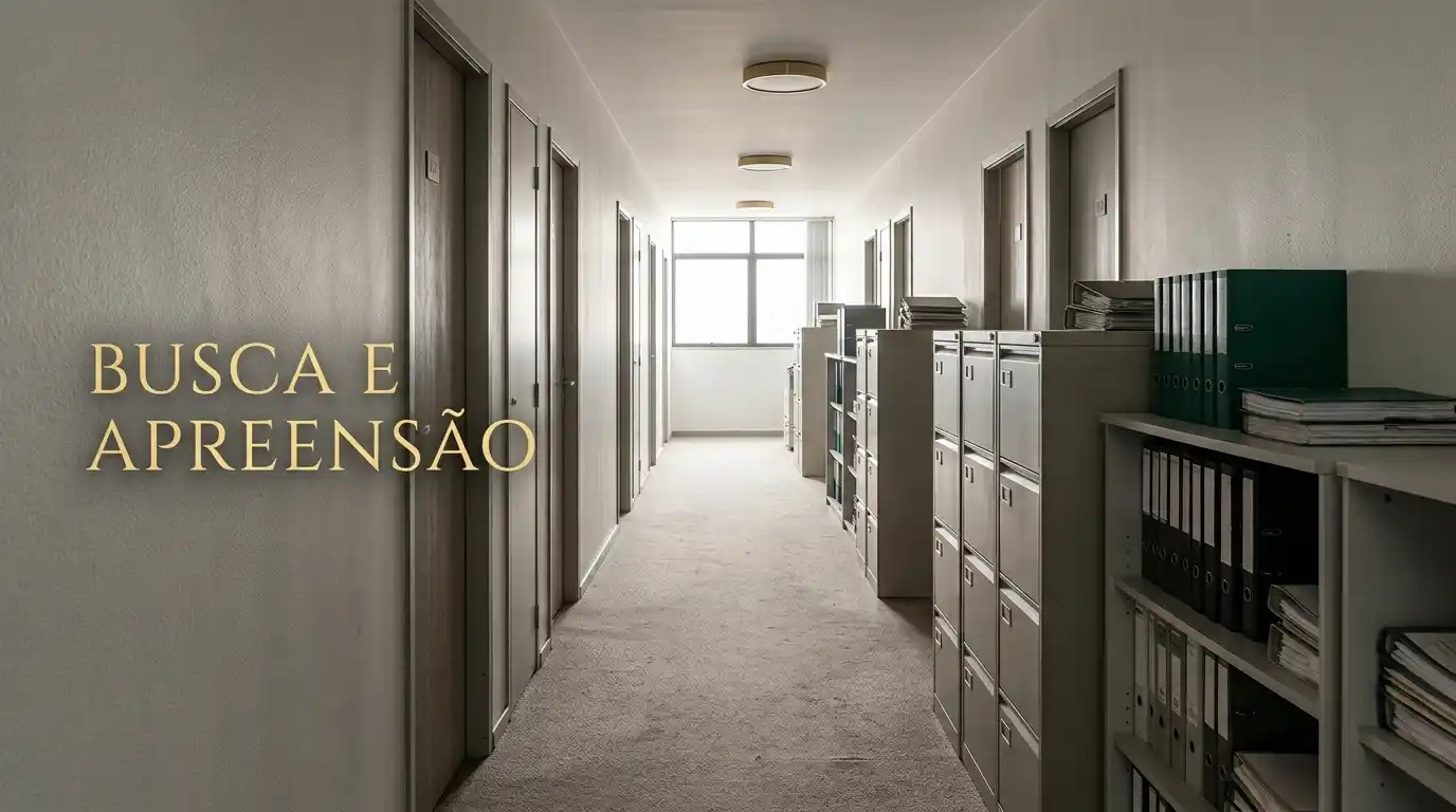 Corredor de escritório com portas, armários metálicos e arquivo deslizante ao fundo, com texto “BUSCA E APREENSÃO” em destaque na parede.