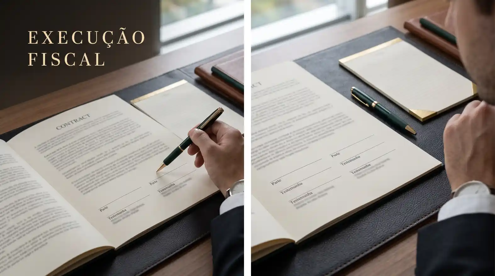 Pessoa assinando documentos em uma mesa com caneta e papel timbrado; ao lado, o texto “EXECUÇÃO FISCAL”, sugerindo contexto de processo e fiscalização tributária.