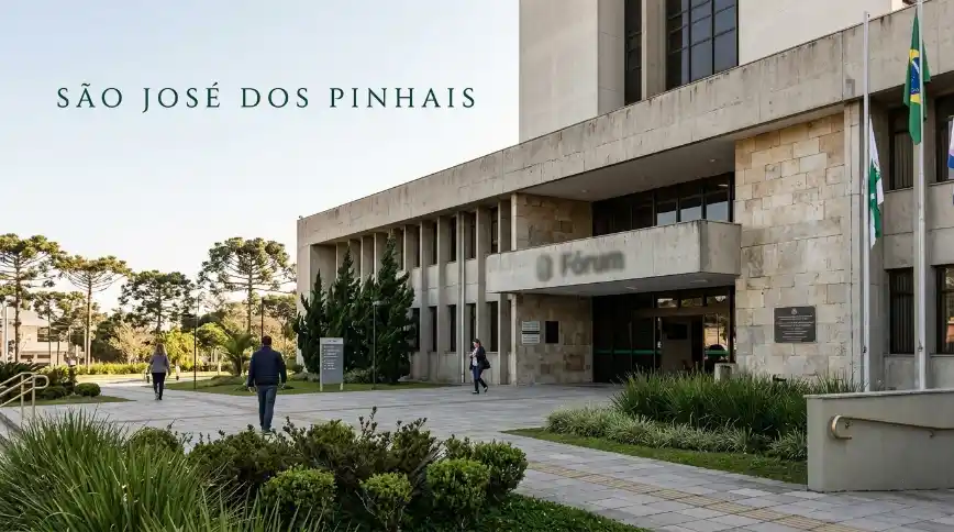 Fachada do prédio do Forum em São José dos Pinhais, com placa verde ao fundo e pessoas caminhando em frente ao edifício de arquitetura moderna.