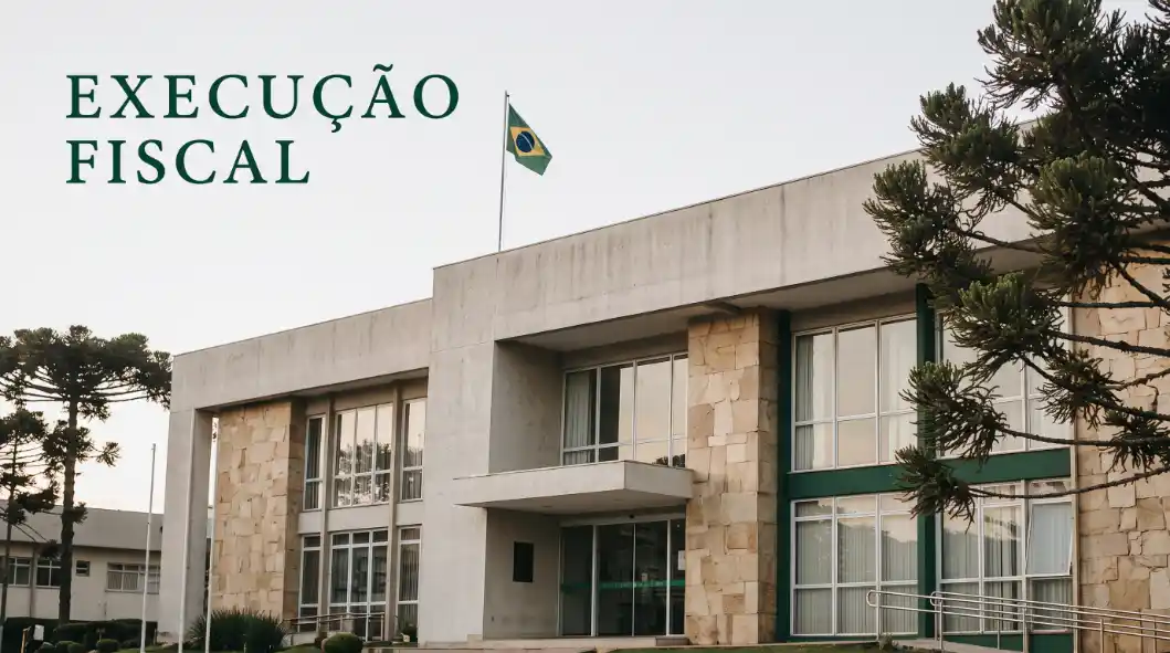 Fachada de prédio institucional com bandeira do Brasil ao centro, janelas e paisagismo, com o texto “EXECUÇÃO FISCAL” em destaque no canto superior esquerdo.