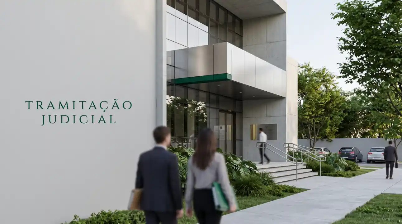Fachada de um prédio do Poder Judiciário com a inscrição “TRAMITAÇÃO JUDICIAL” na parede branca, área externa com vegetação e duas pessoas caminhando em direção à entrada.