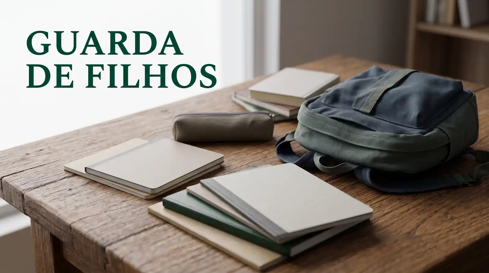 Guarda de filhos: mesa de madeira com agenda, cadernos e documentos organizados ao lado de uma mochila, em ambiente de escritório ou estudo, com texto “GUARDA DE FILHOS”.