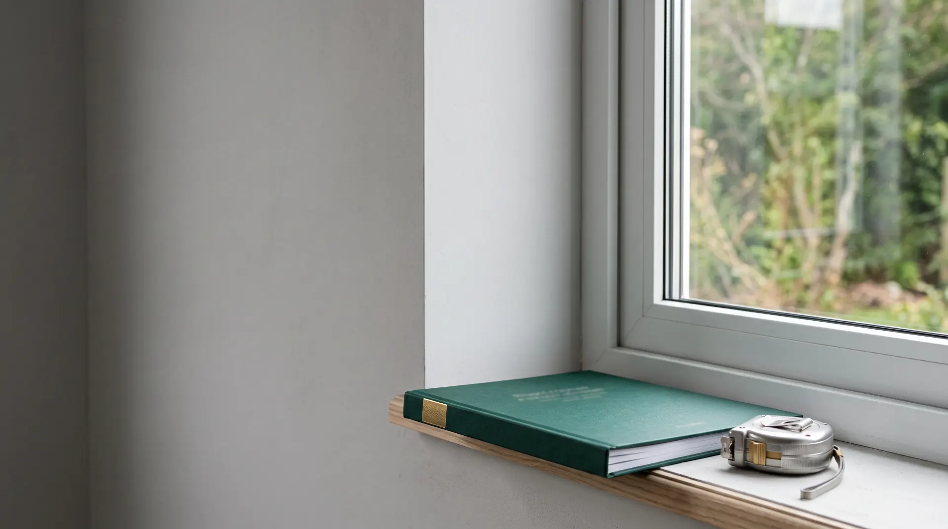 Janela com vista para vegetação desfocada, apoiada sobre a bancada de madeira há um caderno verde fechado e um pequeno estojo metálico com objetos de escritório