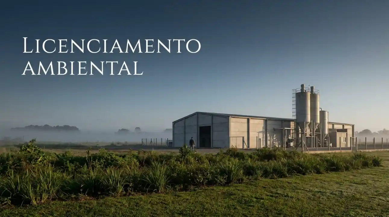 Imagem de um empreendimento industrial com silos e estruturas metálicas ao ar livre, com vegetação em primeiro plano e céu ao amanhecer; ao fundo, o texto “LICENCIAMENTO AMBIENTAL”.