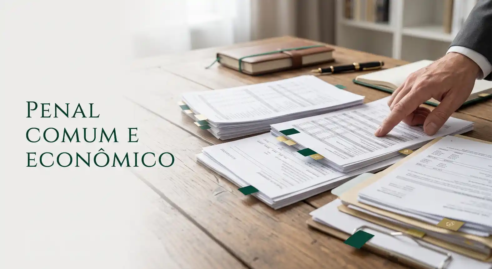 Mesa de escritório com documentos jurídicos, canetas e livros, enquanto uma pessoa separa e organiza papéis com marcadores em destaque; ao fundo, texto “Penal comum e econômico”.
