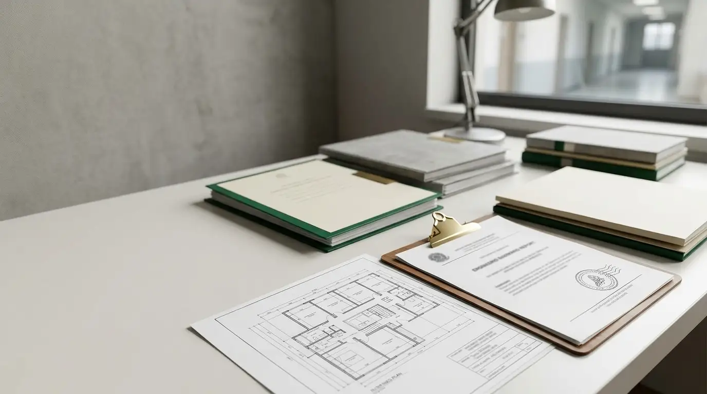 Mesa de escritório com plantas arquitetônicas e documentos em pranchetas, além de livros e caderno com capas verdes, em ambiente corporativo, ao fundo.