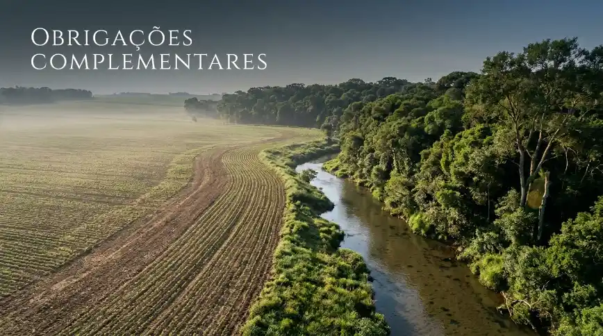 Paisagem rural com um rio serpenteando ao lado de áreas de cultivo, cercado por mata verde e névoa ao amanhecer, com o texto “OBRIGAÇÕES COMPLEMENTARES” no canto superior esquerdo.