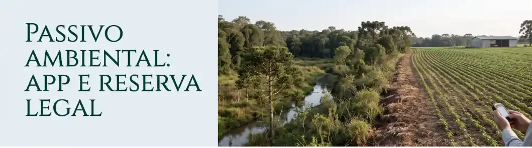 Painel com texto “PASSIVO AMBIENTAL: APP E RESERVA LEGAL” e imagens de um campo agrícola com fileiras de cultivo, uma área de vegetação e um curso d’água ao lado, visto de cima