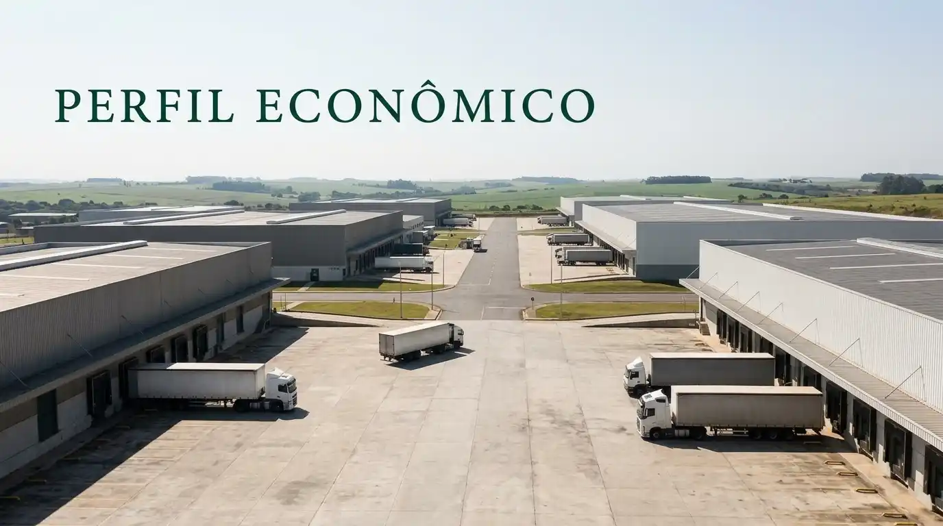 Vista aérea de um perfil econômico de um complexo industrial com galpões de armazenamento e pátio com caminhões, ao fundo paisagem rural