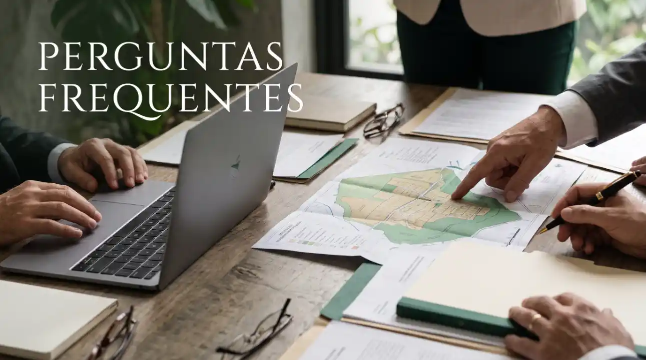 Grupo de pessoas em uma reunião usando notebook e documentos com mapas e gráficos sobre a mesa, com o texto “PERGUNTAS FREQUENTES” ao lado.