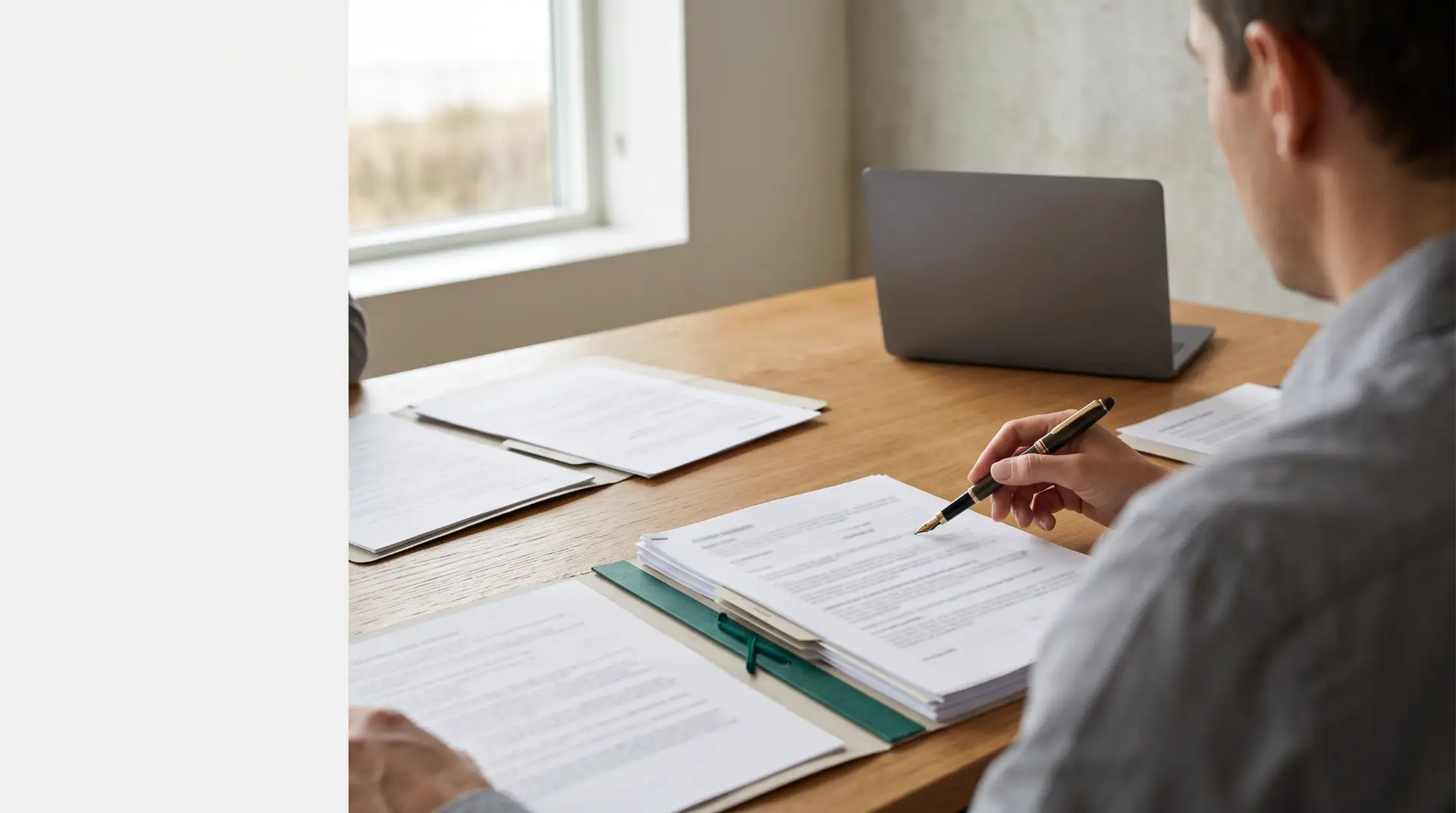 Pessoa sentada à mesa em escritório, preenchendo documentos com caneta e revisando papéis e contratos sobre a madeira, com notebook ao fundo. Ambiente corporativo e foco no trabalho