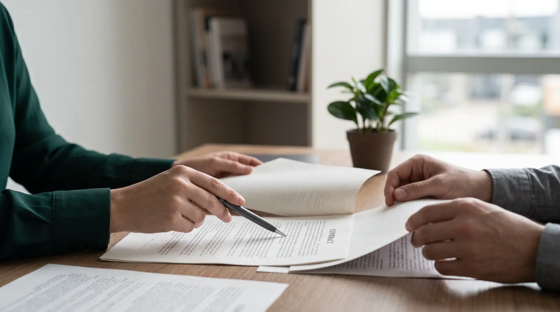 Pessoas assinando documentos em uma mesa de escritório, com mãos segurando o papel e caneta, em ambiente corporativo com plantas ao fundo e prateleira desfocada