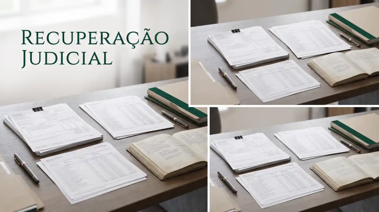 Recuperação Judicial em destaque: documentos e petições sobre uma mesa com canetas e pastas, em ambiente de escritório, com texto “RECUPERAÇÃO JUDICIAL” ao fundo.