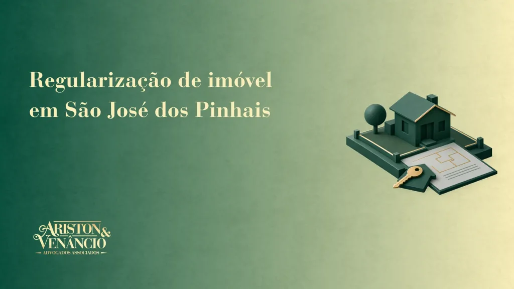 Imagem com fundo verde e texto “Regularização de imóvel em São José dos Pinhais” ao lado de uma ilustração 3D de uma casa, documentos e uma planta arquitetônica.