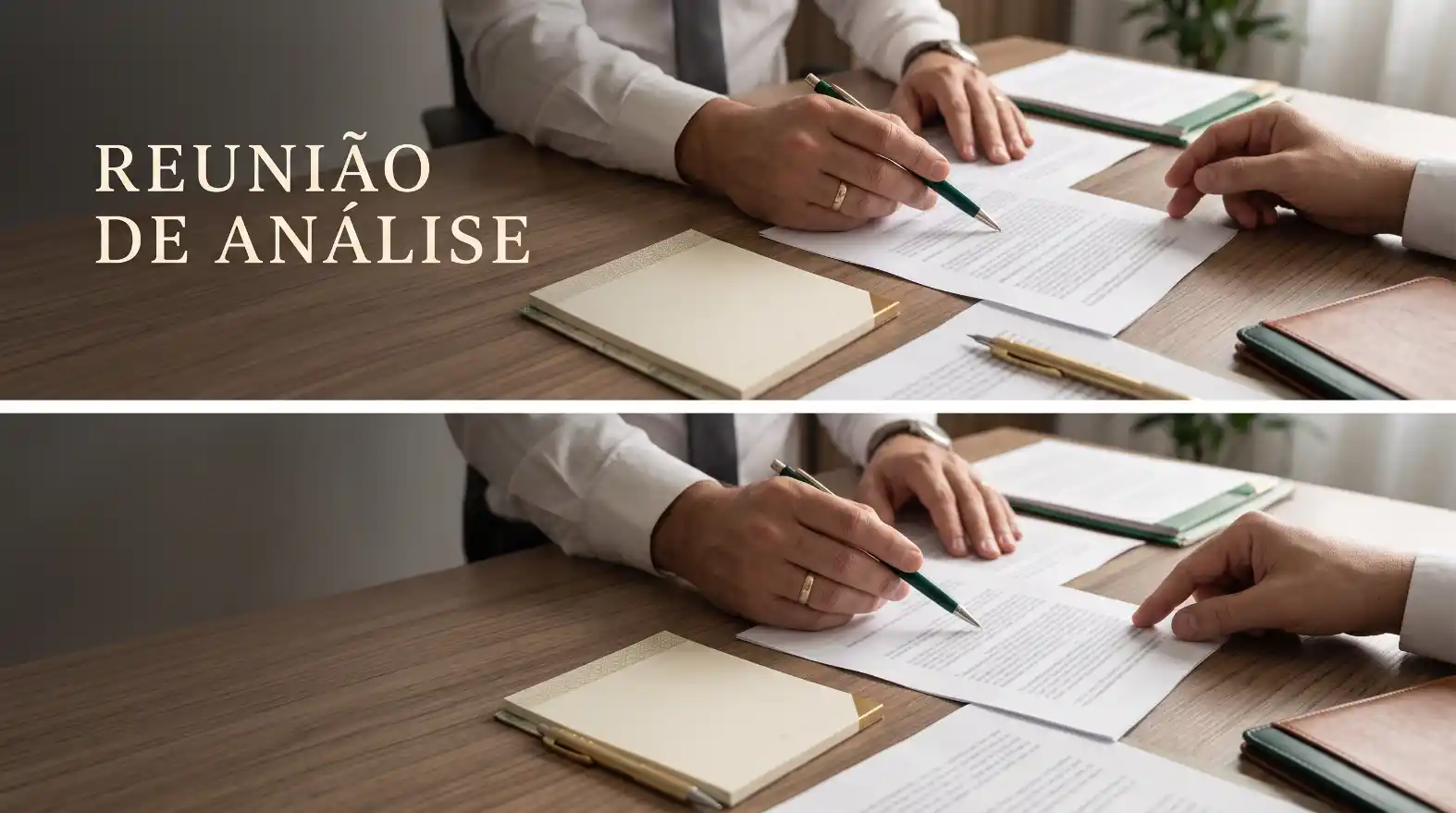 Reunião de análise: pessoas em mesa de escritório revisando documentos e assinando papéis com canetas, com texto “REUNIÃO DE ANÁLISE” na imagem.