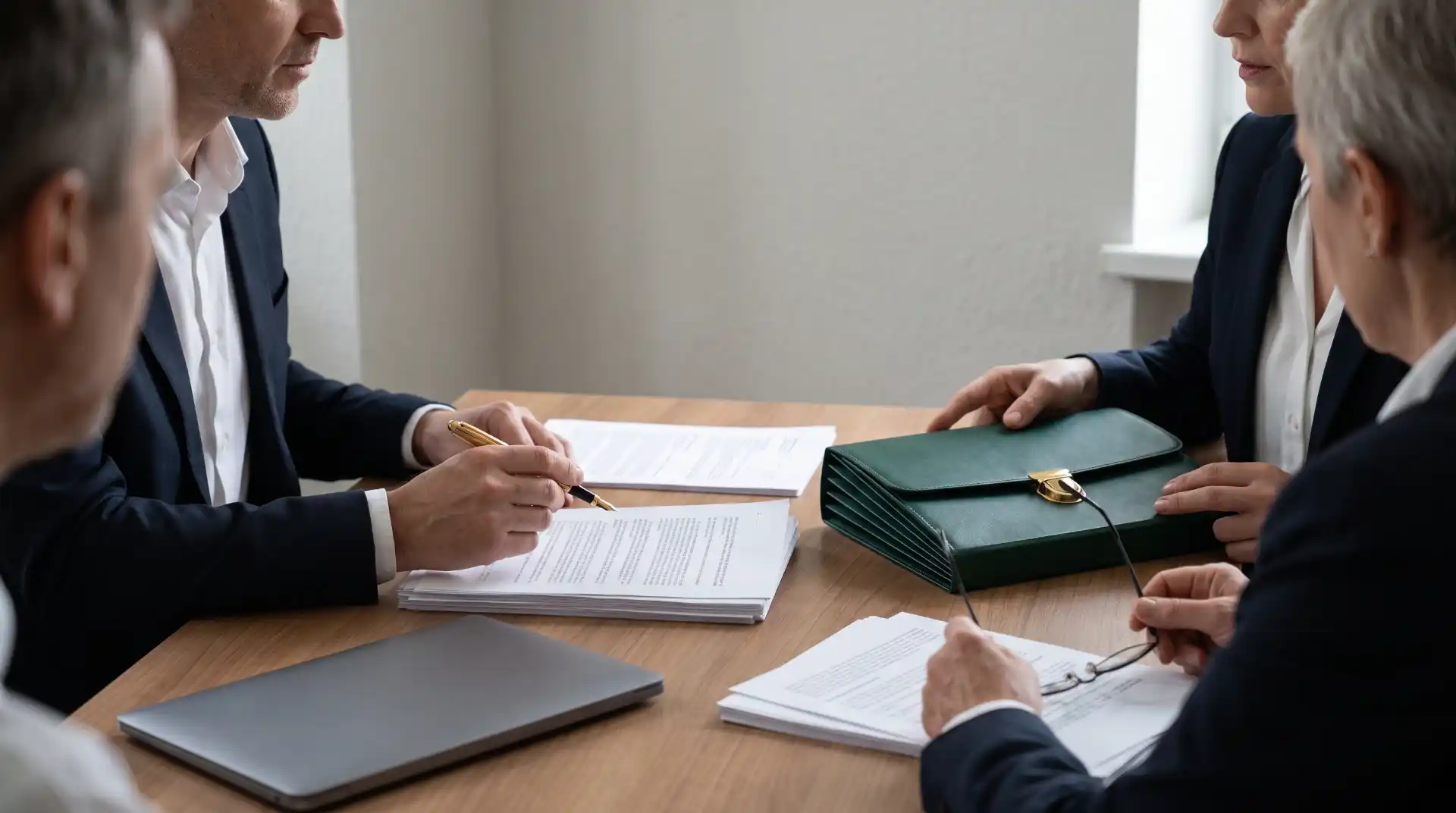 Reunião de negócios em escritório: equipe analisa documentos e assina um contrato à mesa, enquanto uma pessoa segura uma pasta verde com fecho metálico