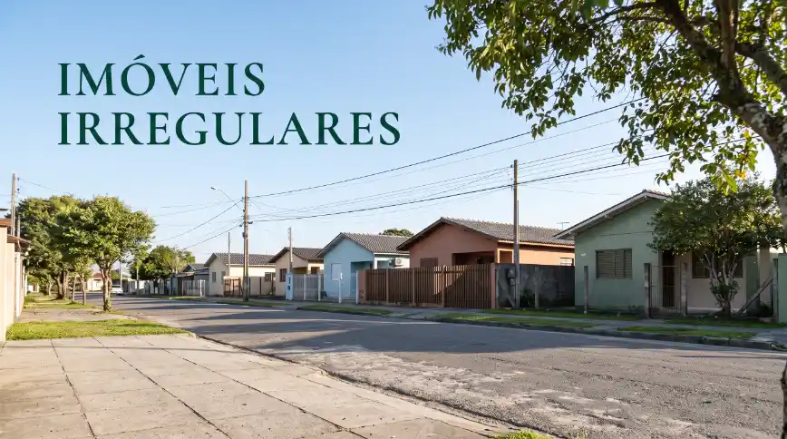 Rua residencial com casas e casas térreas, árvores e fiação aérea ao fundo, com o texto “IMÓVEIS IRREGULARES” destacado no canto superior esquerdo.