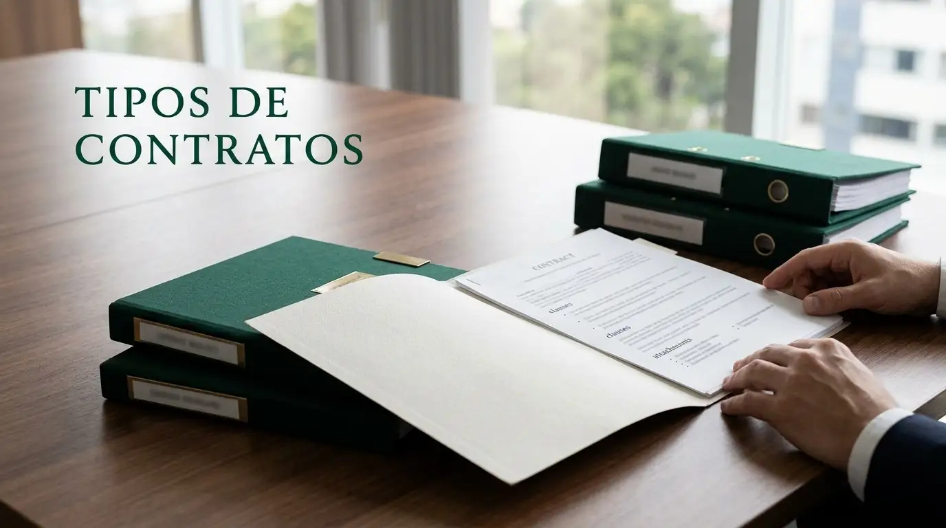 Tipos de contratos em um escritório: pastas verdes e documentos abertos sobre a mesa enquanto mãos revisam um contrato, com texto “TIPOS DE CONTRATOS” ao fundo.